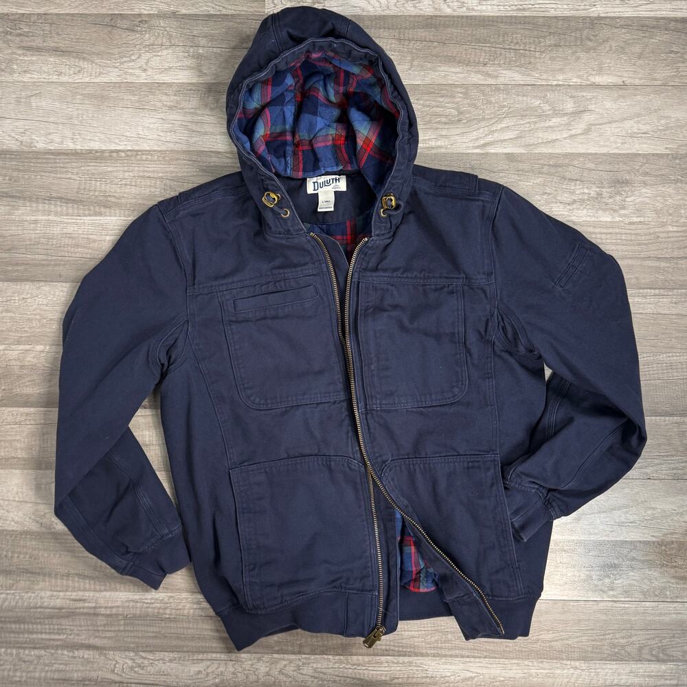 Duluth Trading Co Lined Hooded Navy Canvas Workwear Barn Jacket Coat Large Tall